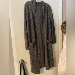Grey hooded cardigan with pockets.